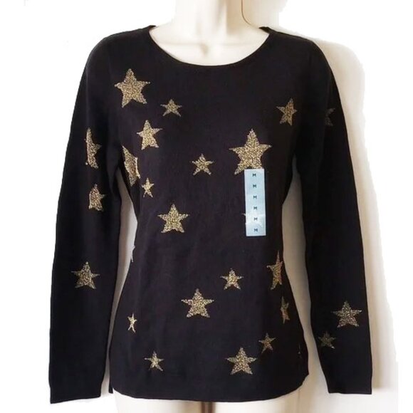 Old Navy Sweaters - NWT Old Navy Fine Knit Cotton Sweater M Long Sleeve Crewneck Black Gold Stars